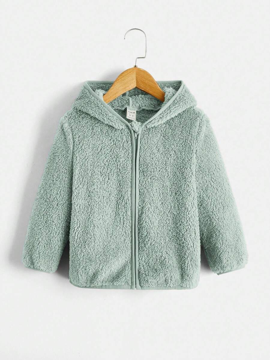 SHEIN Young Boy Casual Hooded Fleece Jacket,In Fall/Winter - Mint Green - View 1