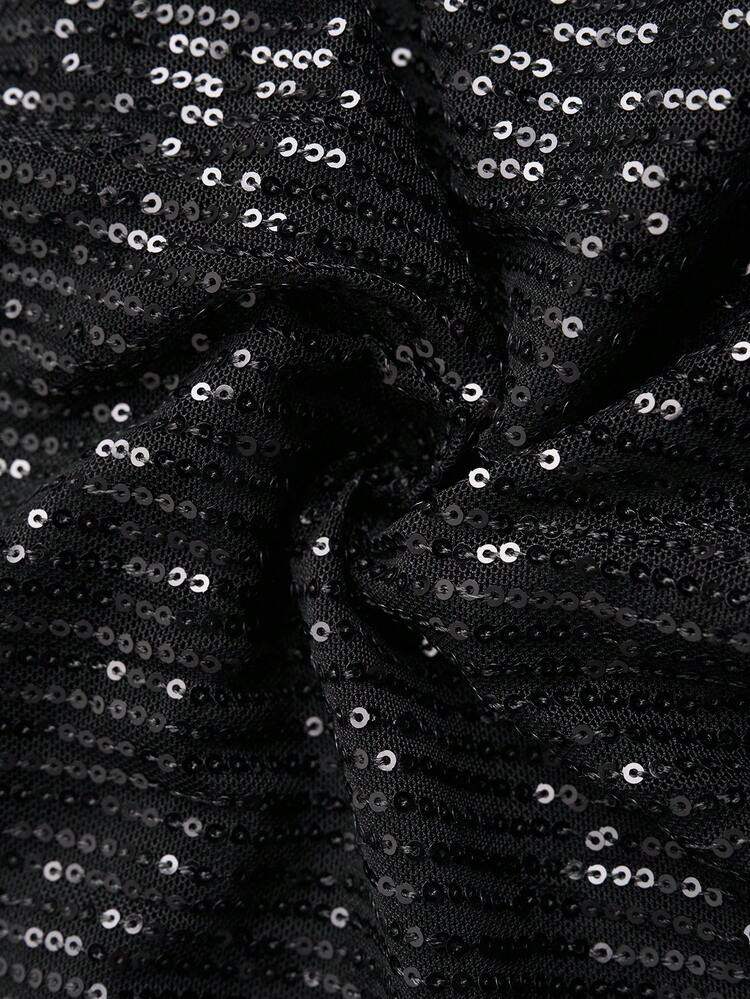 Plus Size  Women's  Elegant Solid Color Sequin Patchwork Round Neck Elegant Black Dress,, Dress, Elegant Dresses For Party,Party Outfit ,Sequin Dress,Sparkly Dress ,Black Formal Dress For Women,Date Night Outfits Women,Night Out,Going Out Dress,,Going Out Outfits, New Clothes,Wedding Party Dress,Spring