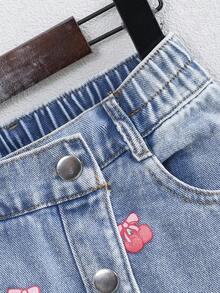 1 件女童休闲可爱樱桃蓝色水洗牛仔短裙，校园风格 - 藍色 - 查看 6