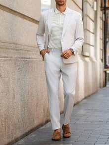 Manfinity AFTRDRK Men's Simple Solid Color Suit Jacket And Pants Set, Business/Wedding - Beige - View 5