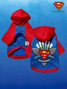 SUPERMAN X PETSIN 1pc Colorblock Printed Raglan Sleeve Hoodie, Fashionable & Suitable For Cats & Dogs - Blue - View 5