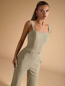 SHEIN BAE Mono de mujer casual de unicolor y elegante con vuelo - Verde - Ver 5