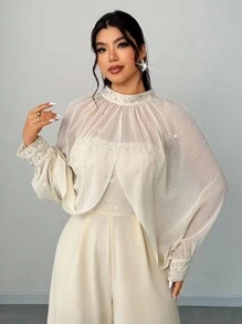 Elenzga 大尺碼女款優雅派對場合雪紡綴珠上衣與高腰寬腿連身褲兩件套，春/秋/冬 - 杏色 - 查看 5