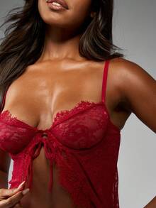 MISSGUIDED Luxury Eyelash Lace Babydoll Lingerie Set With Bow Detail Front Open Design Floral Pattern Delicate Strappy Bralette And Matching Thong Valentine Special - Red - View 6