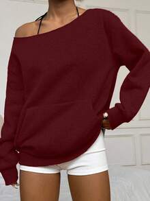 Flirla 女式纯色露肩长袖宽松羊毛运动衫 - 酒紅色 - 查看 7