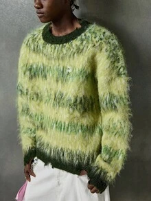 NEON BLANC 男士羊毛针织衫，绿色柔软马海毛宽松针织套头衫，建议手洗或干洗，适合秋冬季节，朋克风格，长袖上衣 - 綠色 - 查看 2