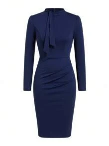 Gownix Vestido de fiesta elegante de unicolor y ajustado de longitud media para mujer - Azul - Ver 6
