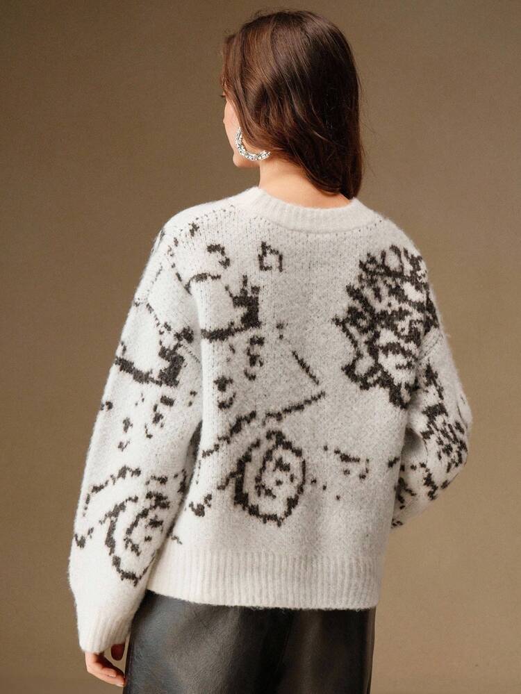 Women's Embroidered Knit Pullover Sweater, Suitable For Fall, Winter, Spring, New Year, Party, Wedding, Chic, Stylish, Casual, Cozy, Thanksgiving, Graduation, Christmas