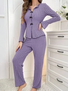 Conjunto de pijama casual de mujer con decoración de lazo, ropa de otoño e invierno - Púrpura malva - Ver 5