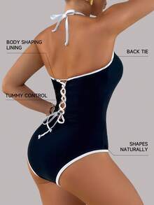 Shapewave 1pc Women's Halter Hollow Floral Petal One-Piece Swimsuit - Black and White - View 2