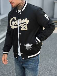 Manfinity Homme 男士休闲字母刺绣夹克，秋冬黑色校队夹克男士街头服饰，垃圾摇滚 - 黑色 - 查看 8