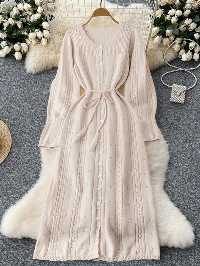 Franclia Women's Fashion French Romantic Style Hollow Long Sleeve Round Neck Button Waist Tie Belt Solid Color Sweater Dress Autumn Winter Women's Clothing, Fall Clothes For Women,Fall Dresses For Women ,Winter Clothes For Women,Women's Winter Sweater  , Women's Winter Clothes ,Christmas Women's Clothing, Going Out Outfit