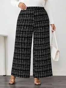 SHEIN CURVE+ 大码女式优雅格子印花弹力针织裤，适合各种场合，适合优雅的日常通勤、商务休闲/秋冬 - 彩色 - 查看 5