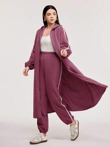 Veilorie Contrast Tape Side Hooded Coat & Pants 2 Pieces Set - Dusty Pink - View 1