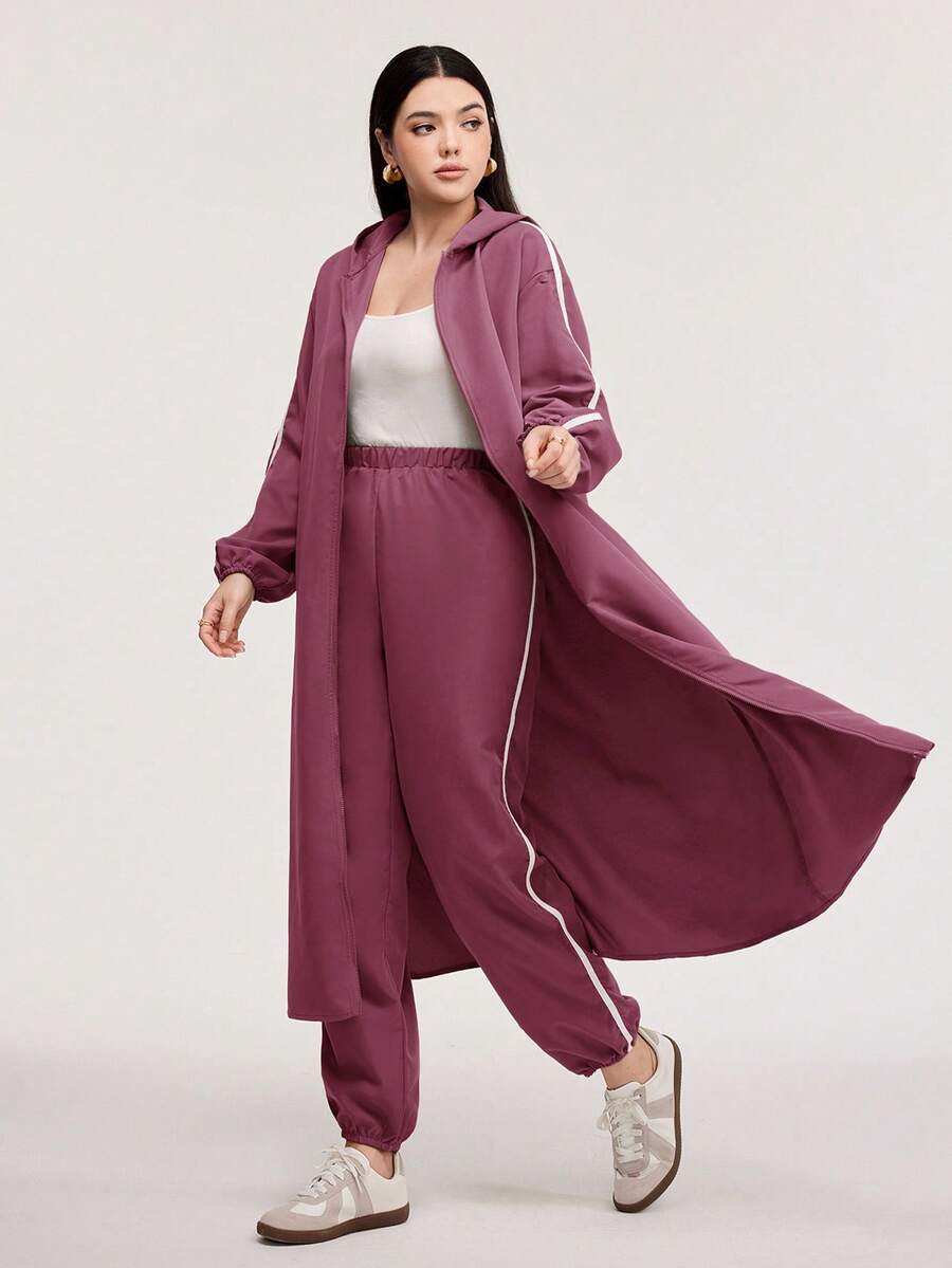Veilorie Contrast Tape Side Hooded Coat & Pants 2 Pieces Set - Dusty Pink - View 1