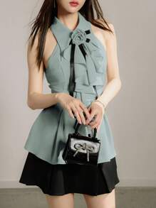 Modelyn 女式优雅 3D 花卉装饰腰部无袖衬衫，夏季 - 綠色 - 查看 1