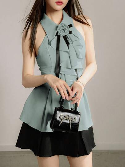 Modelyn 女式优雅 3D 花卉装饰腰部无袖衬衫，夏季