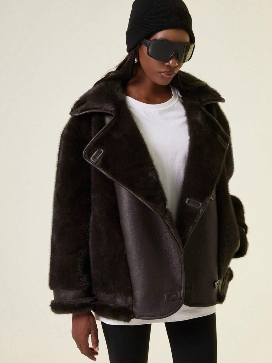 GENKIRA Áo khoác da nhung lông chồn mềm mại và ấm áp dành cho nữ, áo khoác xe máy lót nhiệt dày dặn, dáng rộng thoải mái, áo khoác phi công giả da mùa đông có lớp lót Borg - màu xanh lá - Xem 1