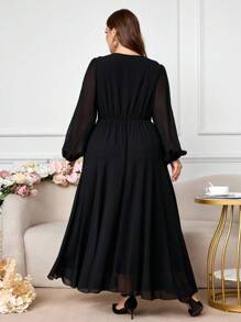 Modelyn Plus Size Solid Color Lantern Sleeve Sheer V-Neck Bow Decor Fashion Dress - Black - View 3