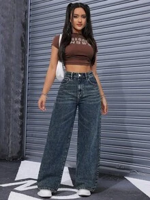 SHEIN ICON Women's High Waist Pocketed Wide Leg Loose Casual Versatile Denim Pants - Blue - View 7