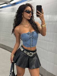 StreetHx 女式蓝色前扣时尚合身短款牛仔夹克 - 中等水洗藍 - 查看 7