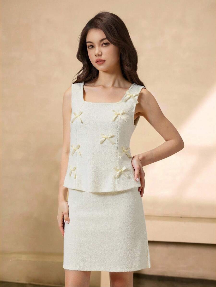 Elegant Lady Bowknot Decor Sleeveless Crop Top And Skirt Set - Apricot - View 1
