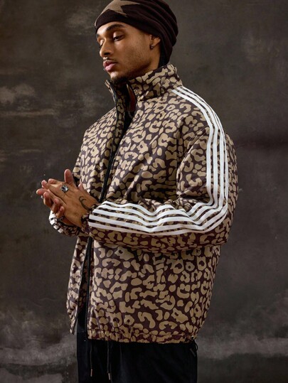 Street Life Men's Autumn Side Stripe Zipper Collar Casual Leopard Print Jacket