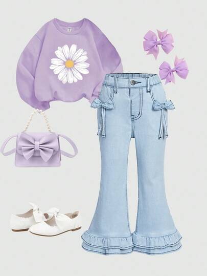 Girls' Light Blue Washed Denim Jeans With Cute Bow Decor, High Waist Flared Stretchy Trousers, Fashionable & Snug Fit, Suitable For Holidays, Casual Outings, Outdoor Wear Fall Winter