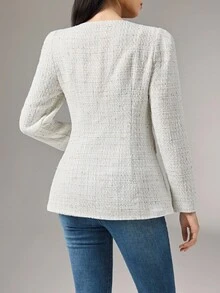 Heiryn 女式纯色纽扣装饰方领长袖常规粗花呢夹克秋冬女装 - 白色 - 查看 3