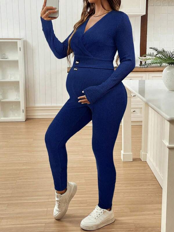 SHEIN Maternity V-Neck Long Sleeve Labeled Top And Skinny Knit Pants Sportswear Set Blue 2 Pieces Set Women For Woman 2 Pieces Lounge Sets Woman Maternity 2 Pieces Set Maternity Clothes Two Pieces Suits