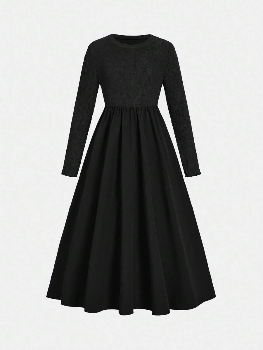 SHEIN Tween Girl' Simple Elegant Ruched Textured & Solid Woven Elastic Long Sleeve Dress,Holiday,Summer,Travel - Black - View 1