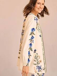 CAJUNI 女式杏色底蓝色和粉色花卉印花灯笼袖宽松休闲长假和服罩衫 - 彩色 - 查看 6
