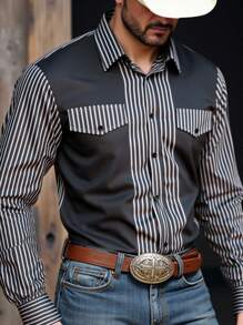 Manfinity Nomadique Áo sơ mi nam tay dài hai túi họa tiết sọc dành cho kỳ nghỉ trưởng thành Áo sơ mi nam kiểu Tây Áo sơ mi nam kiểu Tây sọc xám Áo sơ mi nam kiểu Tây xám - Màu xám đen - Xem 1