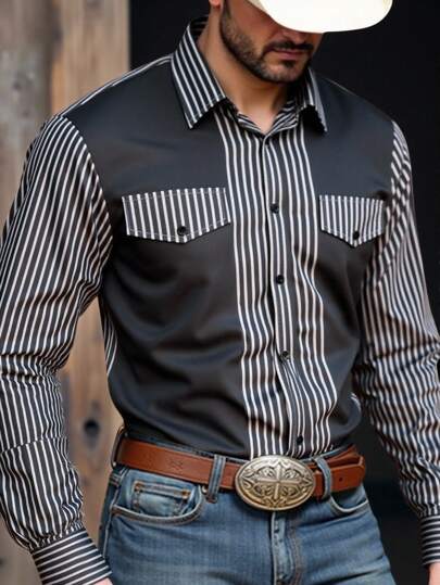 Manfinity Nomadique Camisa de manga larga a rayas con doble bolsillo para vacaciones maduras de hombre, camisa occidental gris a rayas para hombre, camisa occidental gris para hombre