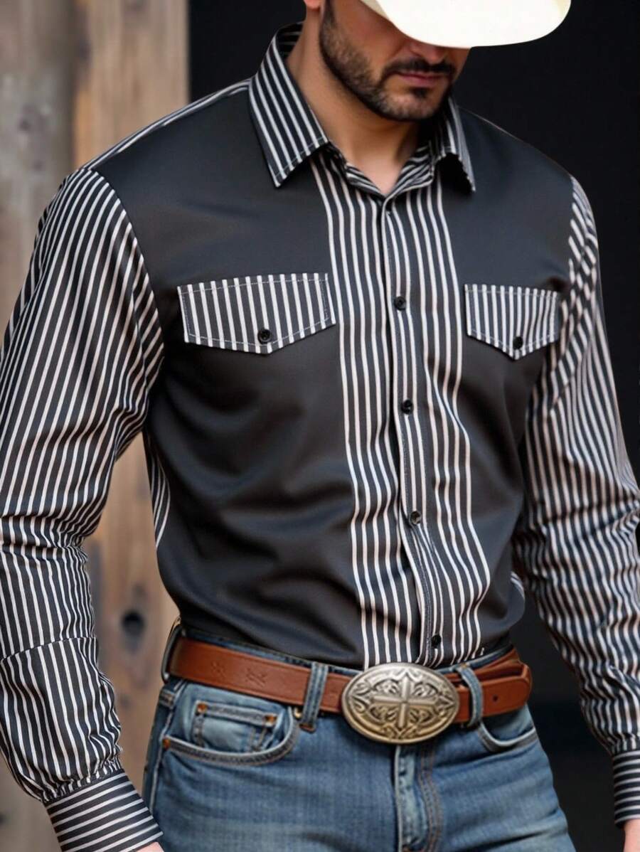 Manfinity Nomadique Áo sơ mi nam tay dài hai túi họa tiết sọc dành cho kỳ nghỉ trưởng thành Áo sơ mi nam kiểu Tây Áo sơ mi nam kiểu Tây sọc xám Áo sơ mi nam kiểu Tây xám - Màu xám đen - Xem 1