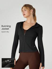 GLOWMODE 吸汗排汗弹力连帽修身防风反光跑步夹克，带拇指孔 - 黑色 - 查看 1