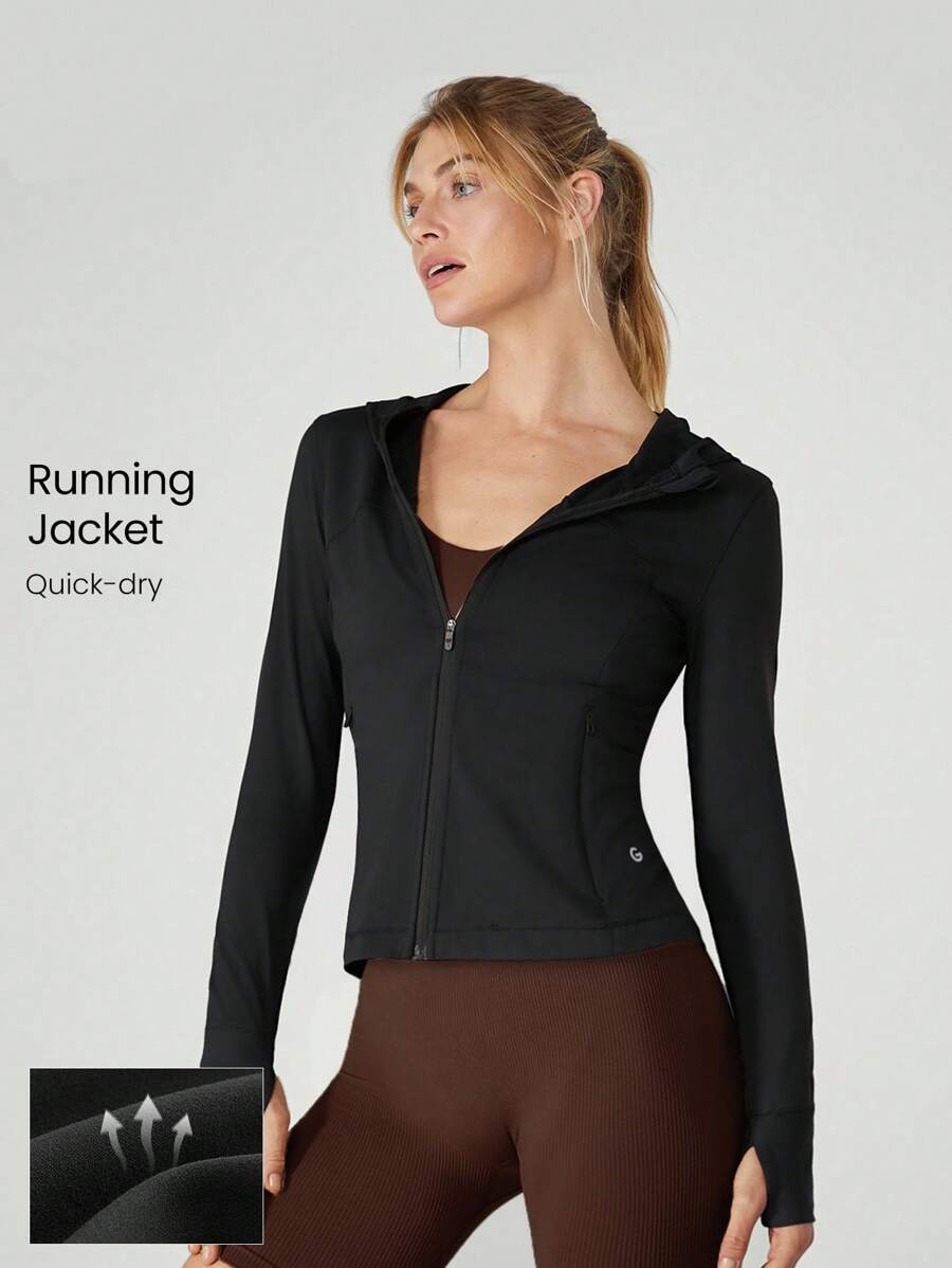 GLOWMODE 吸汗排汗弹力连帽修身防风反光跑步夹克，带拇指孔 - 黑色 - 查看 1