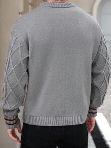 Manfinity Homme Jersey casual de cuello redondo de punto de cable geométrico de manga larga para hombre, otoño - Gris - Ver 2