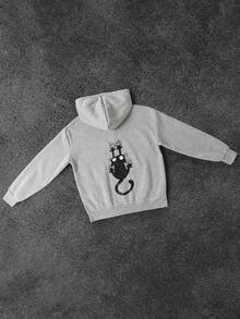 Women Cartoon Cat Print Gray Hooded Sweatshirt,Graduation,Teacher,Back To School Pullover Fall - Grey - View 2