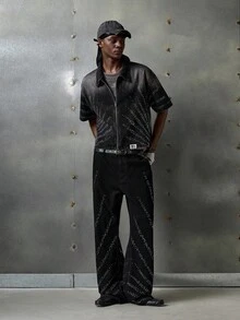 NEON BLANC 男士牛仔短袖编织黑色街头时尚夹克 - 深灰色 - 查看 1