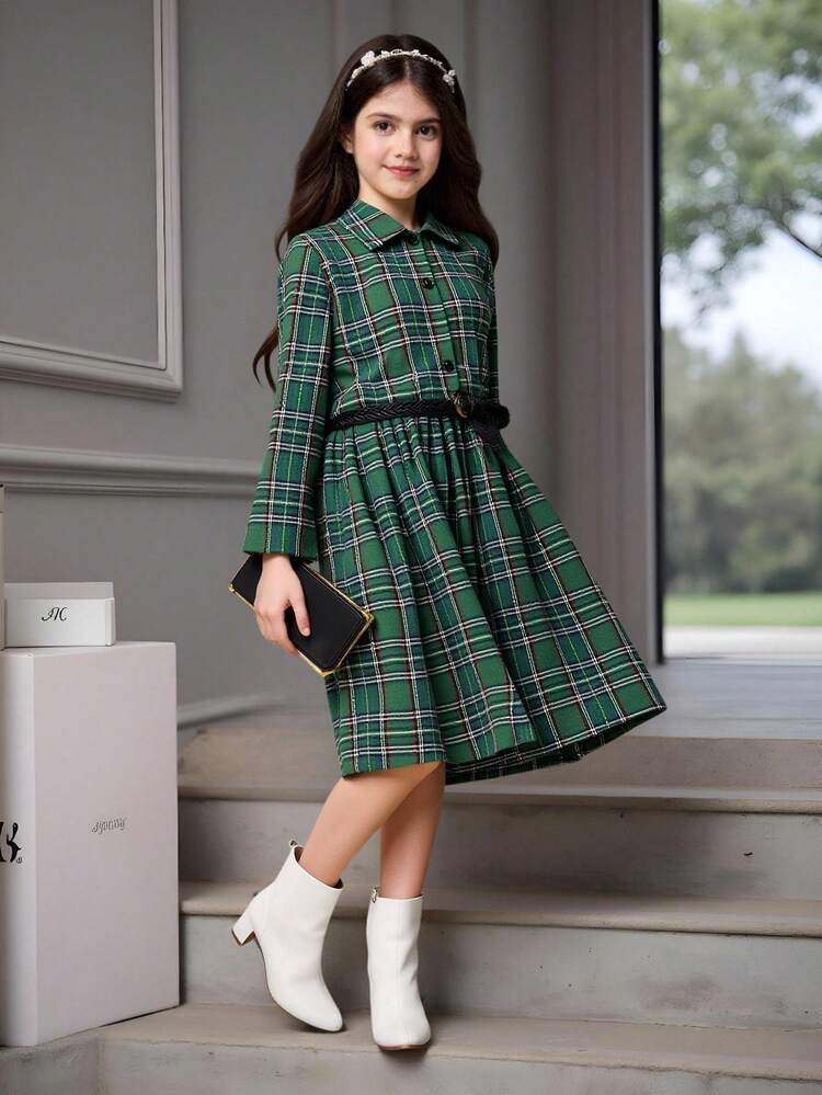 fitted lace wedding dress Unique Vintage Green Plaid Belted Cotton Shirt Dress