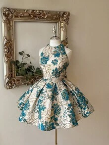 Lovelzi Luxury Palace Style Jacquard Fabric Green Halter Backless Criss-Cross Tie A-Line Flare Dress, Suitable For Dates, Vacations, Singles Parties, Balls, Weddings, Graduations, Prom