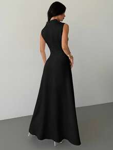 Firerie 春夏新款优雅浪漫约会/休闲通勤白色褶皱领无袖束腰系带高开衩喇叭长裙，适合度假、通勤、情人节、婚礼季、返校季、秋季女装、乡村风女装、外出上衣、机场旅行装、全白连衣裙、机场女装、全白派对女装、办公室女装 - 黑色 - 查看 2