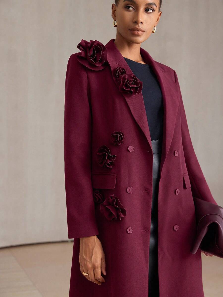 Aveloria Modichic Fashionable Versatile Commuter High-End Elaborate 3D Floral Design Long Lapel Blazer For Women, Regular Fit Holiday Party Clothes - Burgundy - View 1