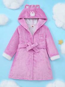 SHEIN X Care Bears Young Girls' Cute Pink Cartoon Bear Ear Embroidered Plush Robe, Autumn/Winter Loungewear - Pink - View 1