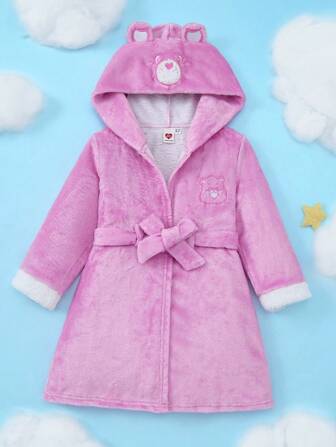 SHEIN X Care Bears Jeunes filles Robe de chambre en peluche rose mignon avec oreilles de nounours brodées, Vêtements d'intérieur pour l'automne/l'hiver