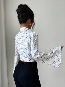 INAWLY Women's Elegant Casual Pleated Flare Sleeve Polka Dot Open Front Blouse, Suitable For Travel, Vacation, And Dates, Autumn/Winter Fall Cloth For Women - White - View 2