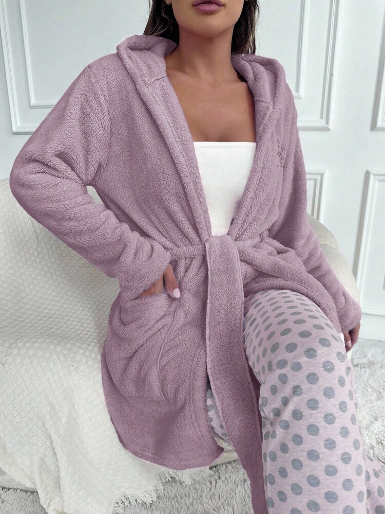 RueChic Women's Hooded Plush Bathrobe With Belt & Letter Embroidery - Mauve Purple - View 4