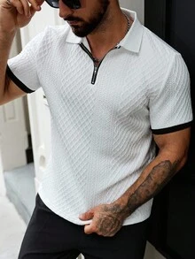 Manfinity CasualCool Men's Casual Textured Contrast Trim Short Sleeve Polo Shirt, Summer Zipper Polo Shirt Men Polo Shirt Men Golf Shirt Textured Polo Shirt Men Zipper Shirt, Old Money Style - White - View 6