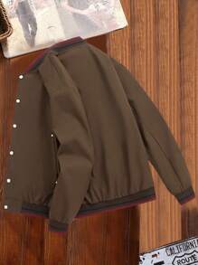 Manfinity Homme Chaqueta de béisbol casual de manga larga a rayas y de una sola hilera para hombres, otoño - Caqui - Ver 2